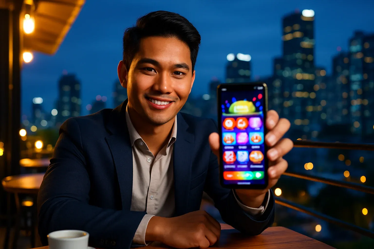 Filipino man at BGC rooftop cafe showing casino app on smartphone