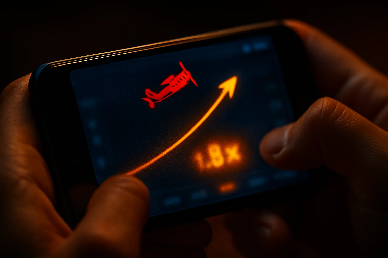 Macro close-up of smartphone showing blurred Aviator crash game interface glow