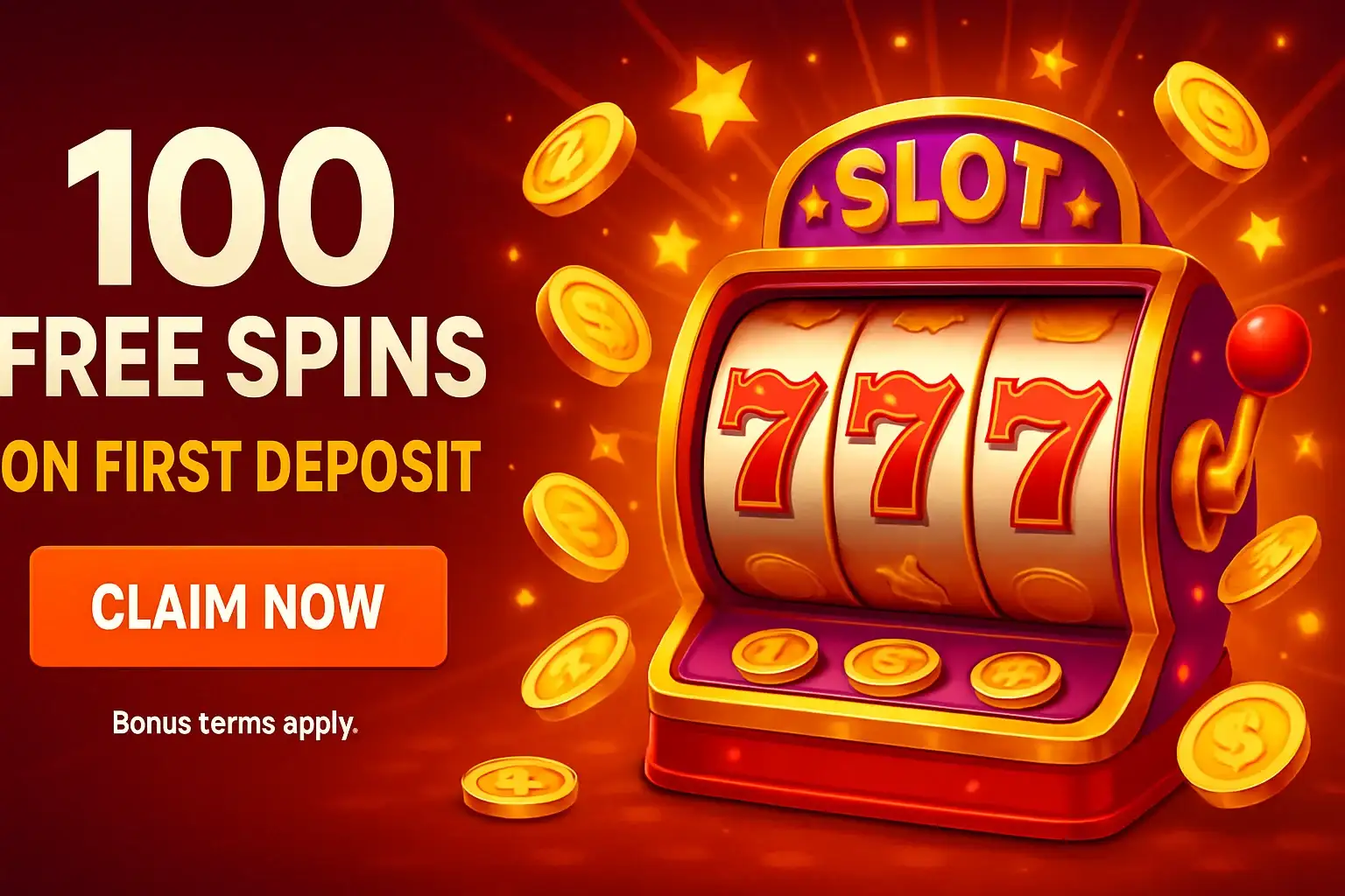 Colorful casino free spins banner with slot machine, coins, and claim now button