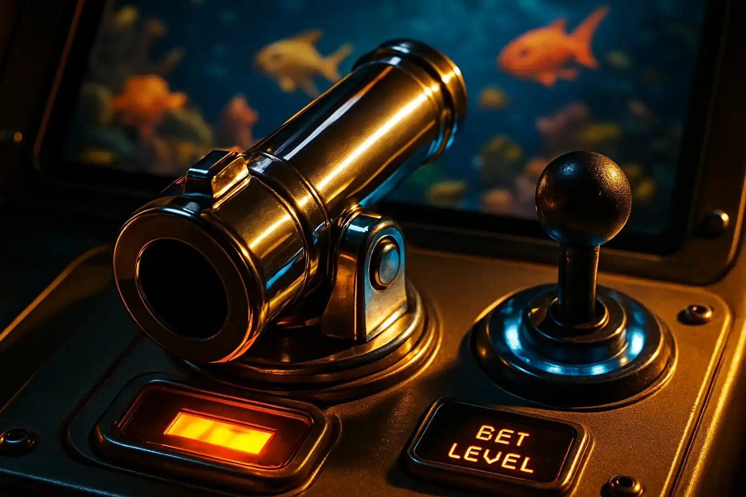 Hyperrealistic close-up of chrome fishing game cannon with LED joystick