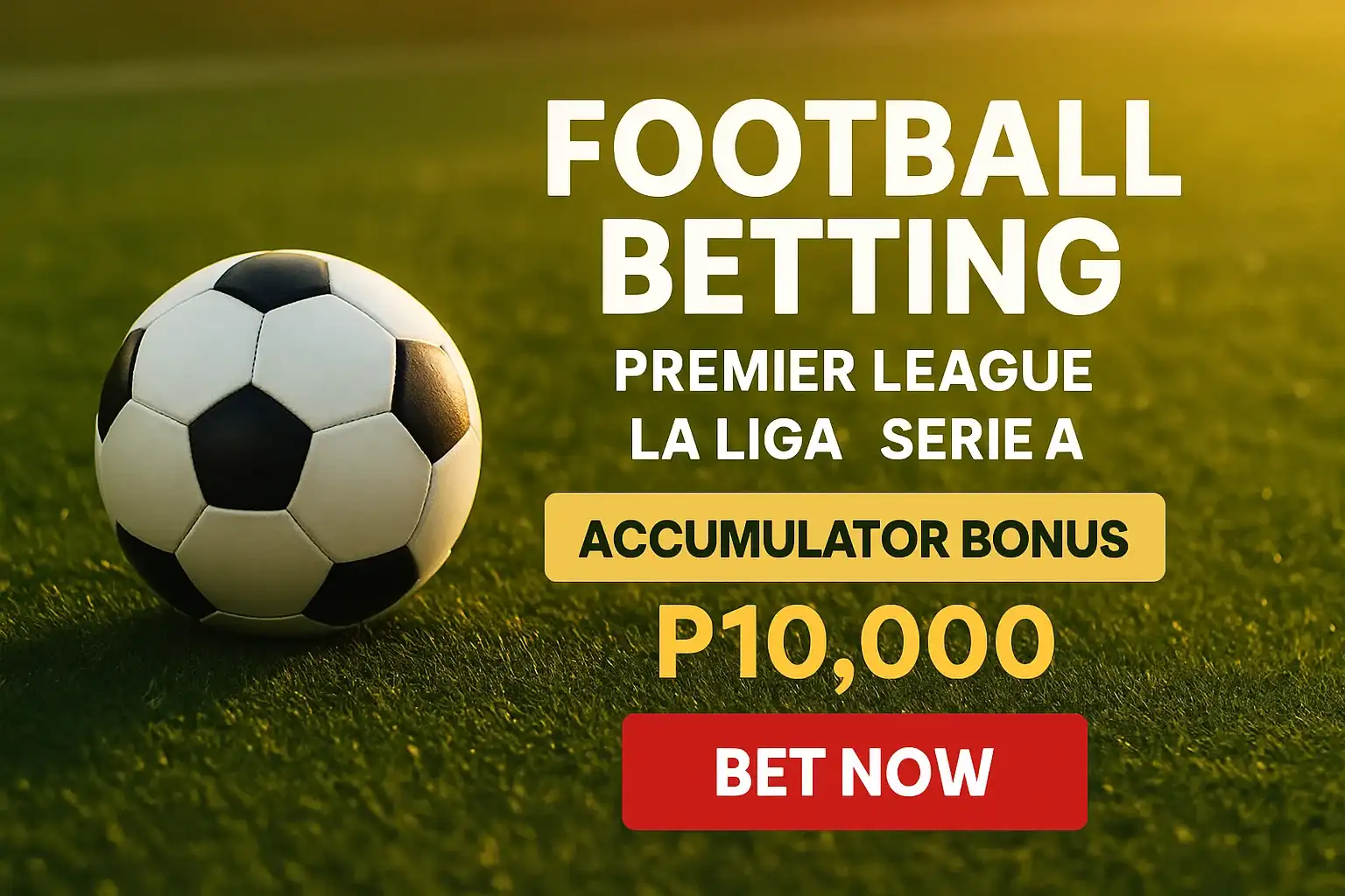 English football betting banner with soccer ball, Philippines leagues, accumulator bonus