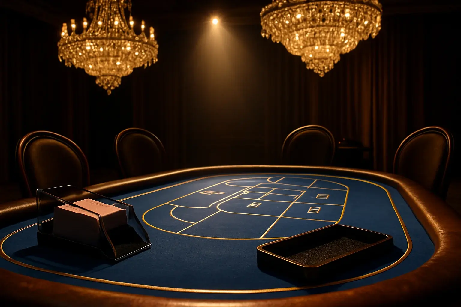 Hyperrealistic wide shot of luxury live baccarat table in Philippine casino studio