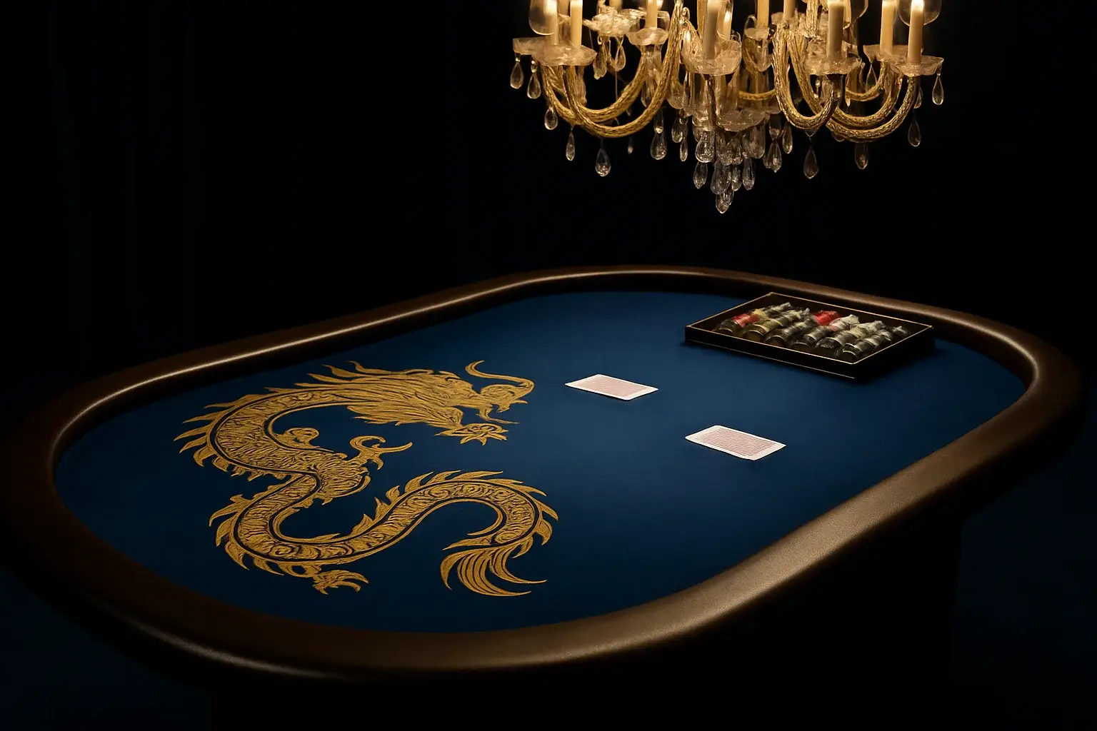 Hyperrealistic wide shot of live Dragon Tiger table in Philippine casino studio