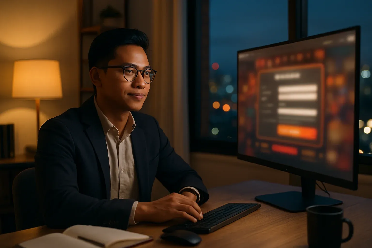 Filipino young professional at home office viewing blurred casino registration page
