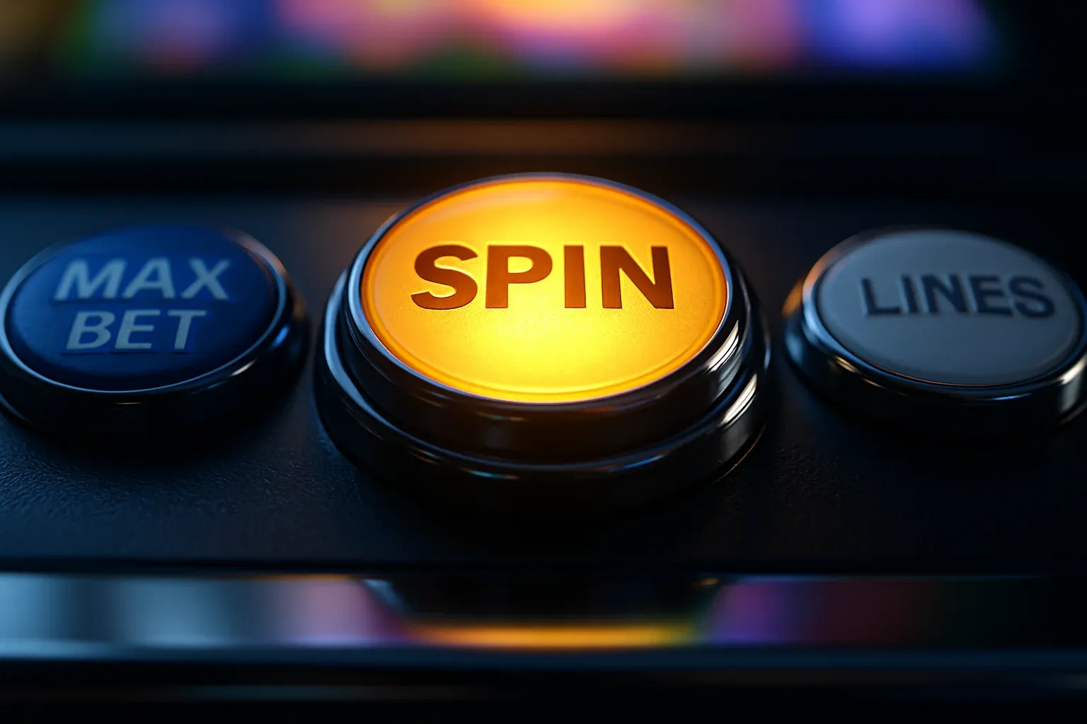 Hyperrealistic macro slot machine control panel with glowing gold spin button