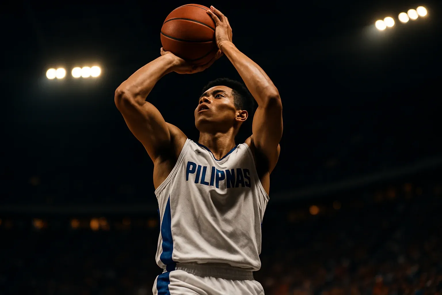 Filipino basketball player rising for mid-range jump shot under arena lights