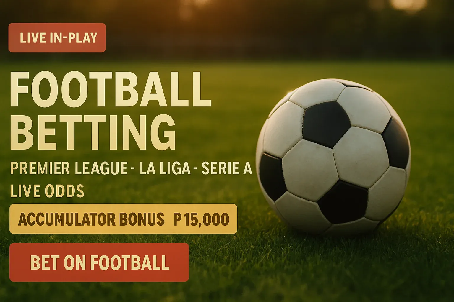 Football betting banner with grass field, ball, live odds, bonus and CTA